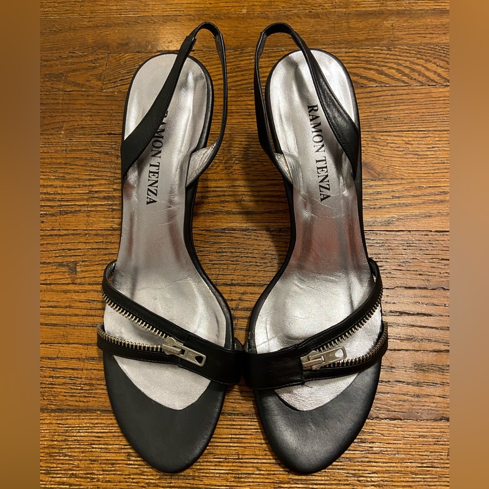 Ramon Tenza Black Heeled Leather Sandals with Zipper Detail